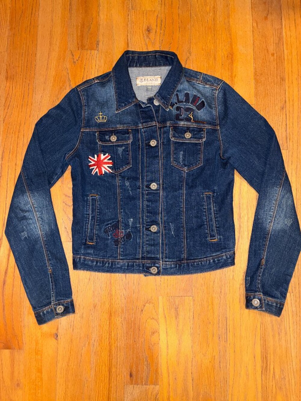 E·LAND Embroidered Denim Jacket Corgi Union Jack 165/88A Women’s Small